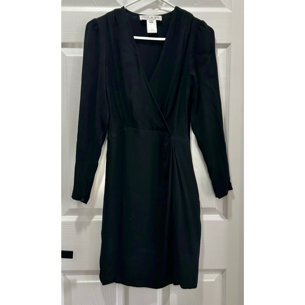 Paul & Joe Faux Wrap Dress Sz 36 /US Small Black Knit Viscose Long Sleeve V-Neck
